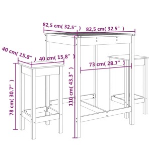 vidaXL Gartenbar-Set, 3-teilig, weißes Kiefernholz, mit Maßen des Tisches und der Stühle.