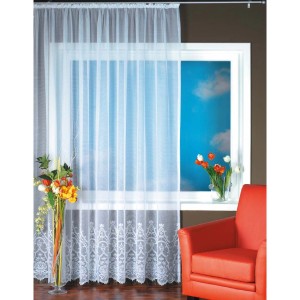 Weiße, transparente Gardine Marburg mit Universalband, 500x245 cm, mit floralem Muster für Fensterdekoration.