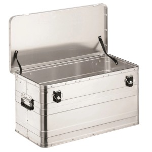 Offene LUX Aluminiumbox 90 l, ideal zur Lagerung und zum Transport, mit Tragegriffen.