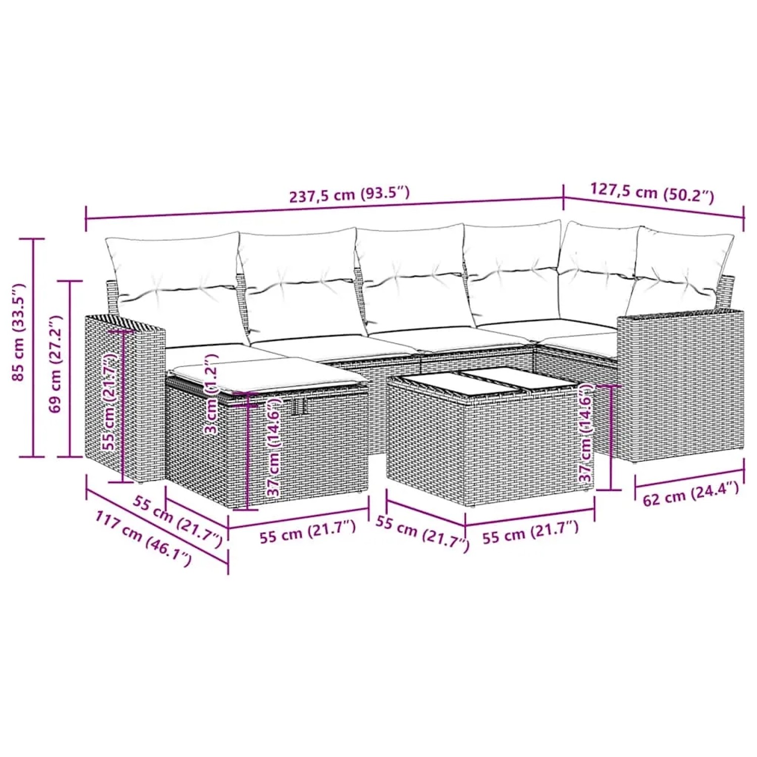 Schwarze 7-tlg. vidaXL Garten-Sofagarnitur aus Rattan mit cremeweißen Kissen und Tisch.