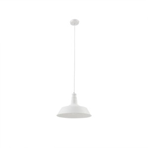 Weiße Lindby Laylan Pendelleuchte aus Metall mit modernem, rundem Schirm. Ideal für Wohn- & Esszimmer.