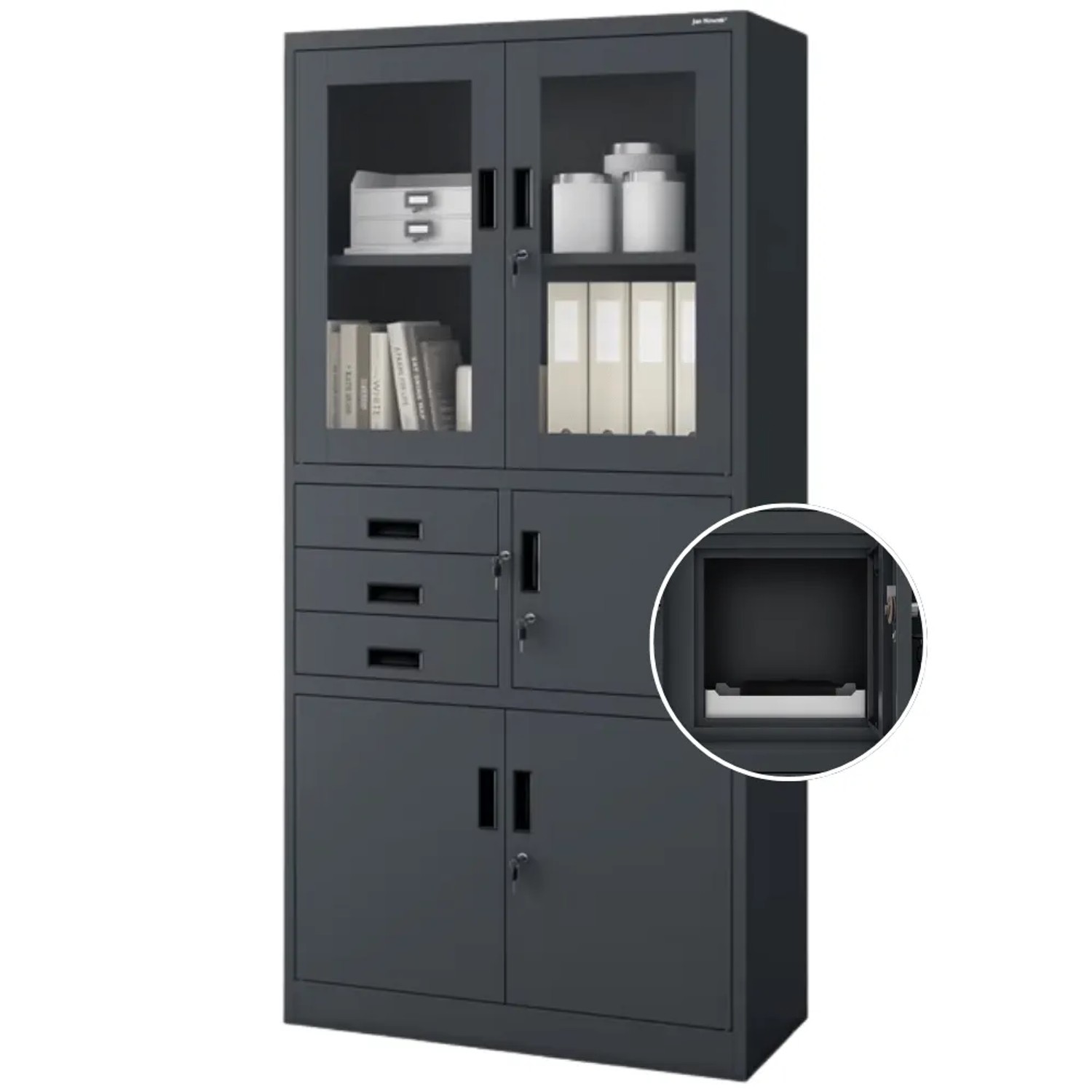 JAN NOWAK Vitrinenschrank Abschließbar FILIP mit Tresor 185 x 90 x 40 cm Anthrazit