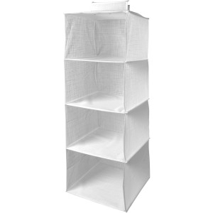 Weiße Hängeaufbewahrung mit 4 Fächern für Textilien, platzsparend und abwaschbar.