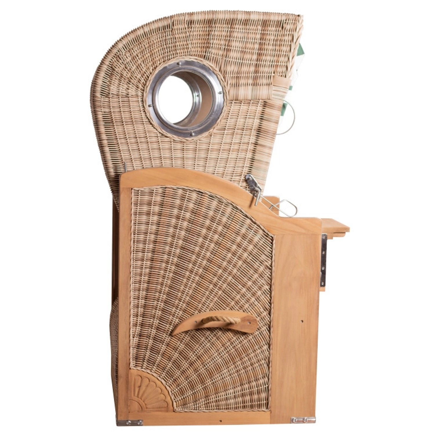 GarWoh Strandkorb Rantum aus Teakholz und PE-Geflecht, seitliche Ansicht.