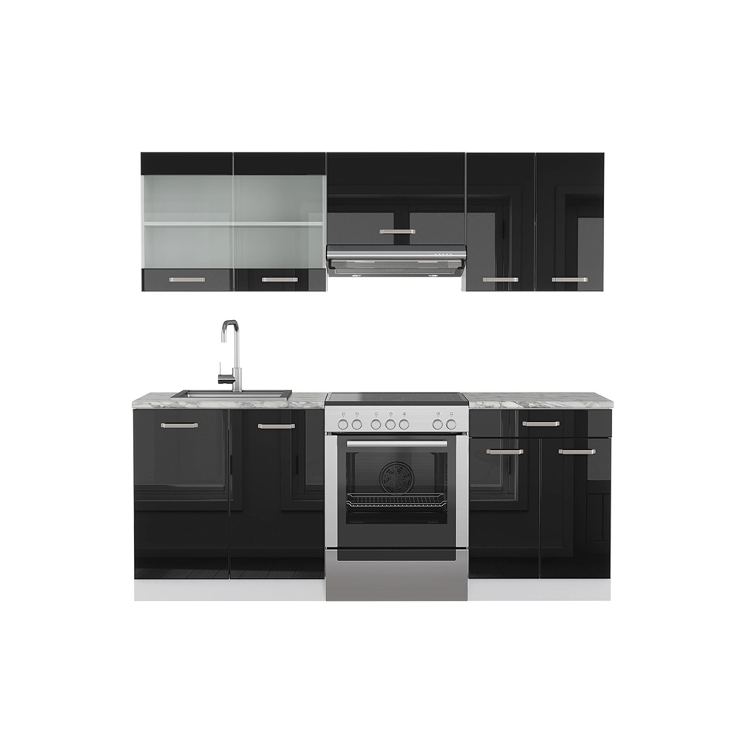 Vicco R-Line Komplettküche Schwarz Hochglanz/Weiß 200 cm Ohne Arbeitsplatte günstig online kaufen
