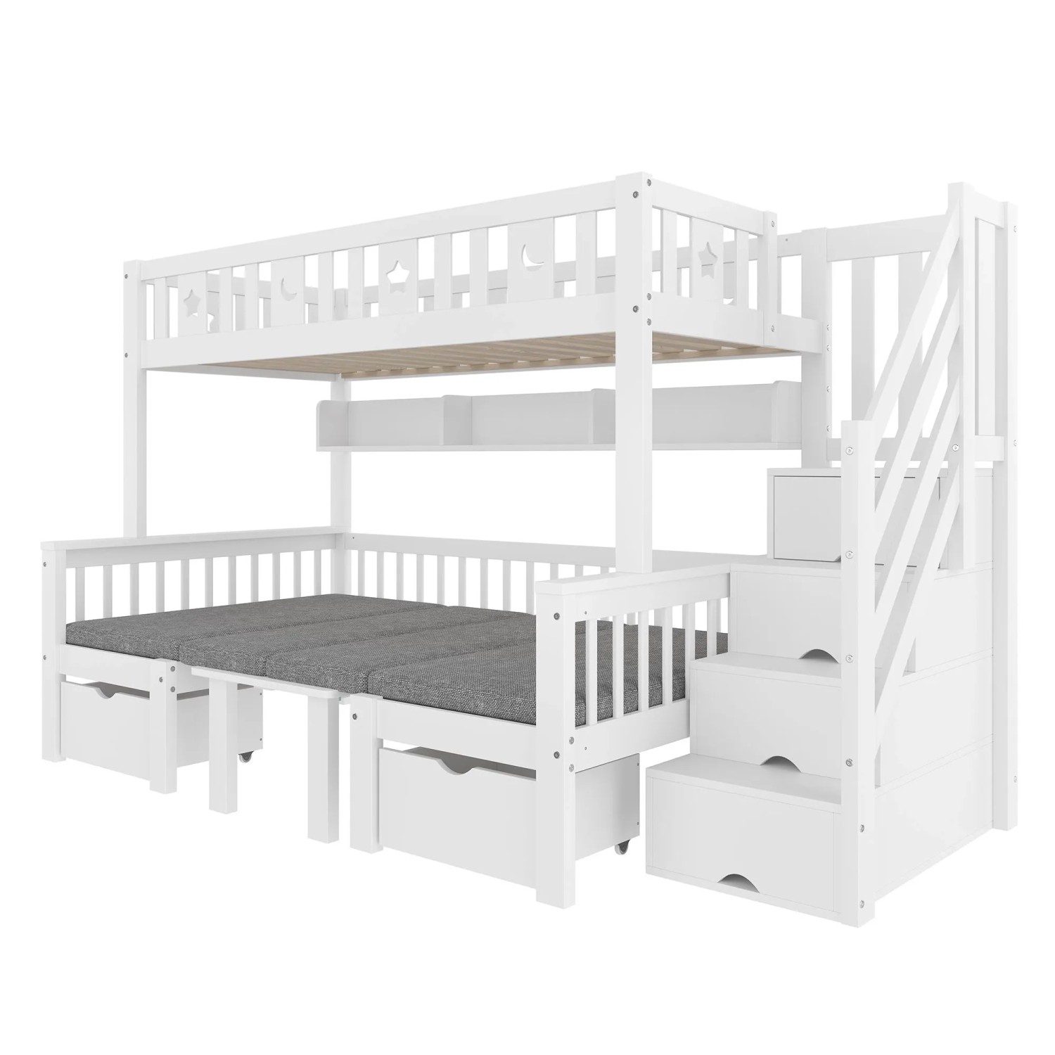 okwish Hochbett 90x200cm mit Schreibtisch und Stauraumleiter Weiß ohne Matratze