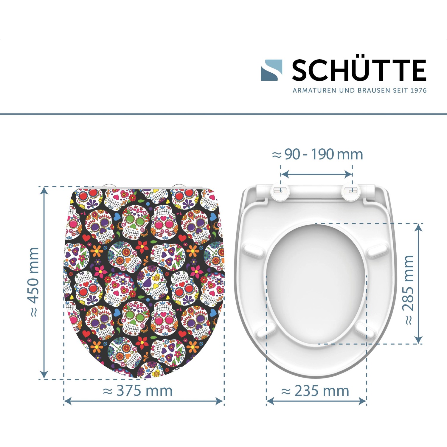 Schütte WC-Sitz Crazy Skull Duroplast mit Absenkautomatik und Schnellverschluss, Maße