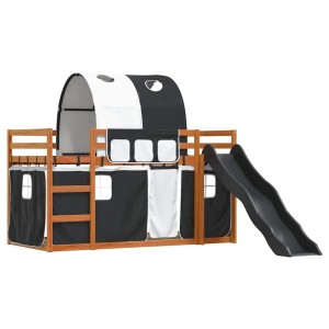 vidaXL Etagenbett mit Rutsche, weiß-schwarze Gardinen, Kiefernholz, 90x200 cm. Abenteuerbett für Kinder.
