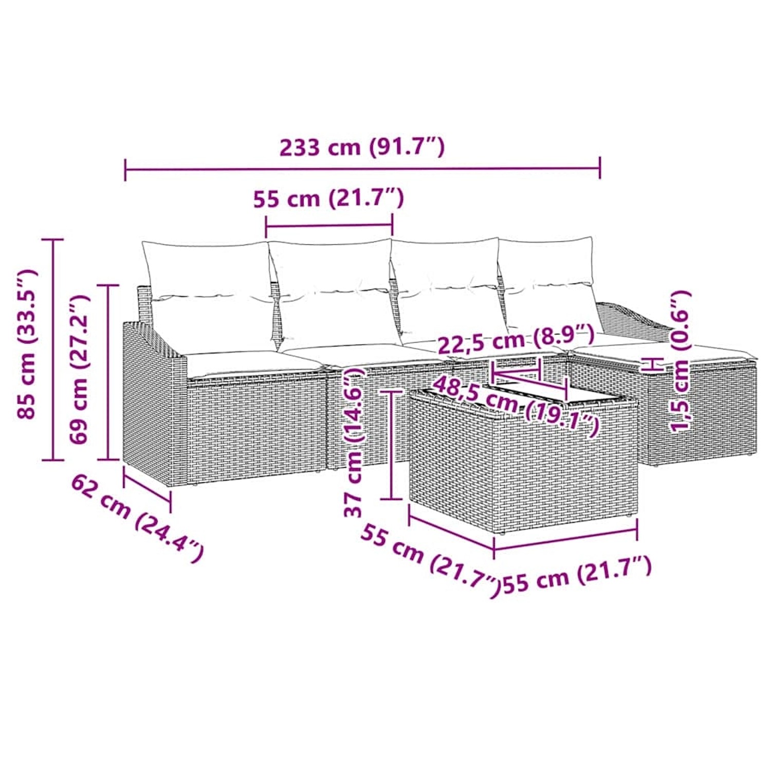 Graues 6-tlg. Garten-Sofa-Set aus Poly Rattan mit Tisch, vidaXL. Gartenmöbel für Terrasse und Garten.