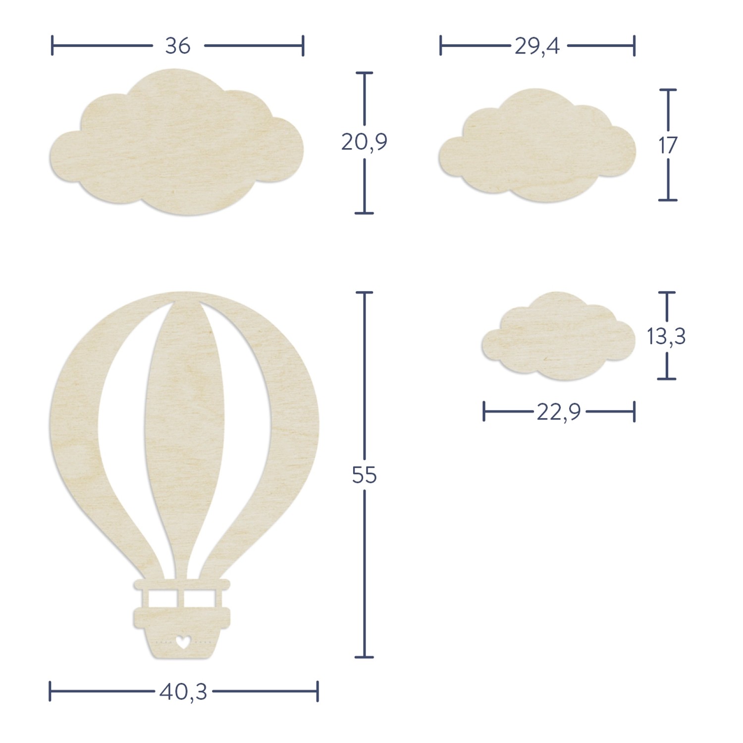 WANDStyle Wanddeko Ballon mit Wolken aus Holz (Pappel), Maße sind eingezeichnet.