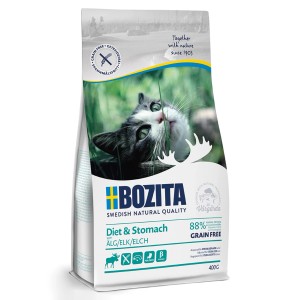 Bozita Katzen-Trockenfutter Diet & Stomach Elch, getreidefrei, 400g Packung mit Katzenmotiv.