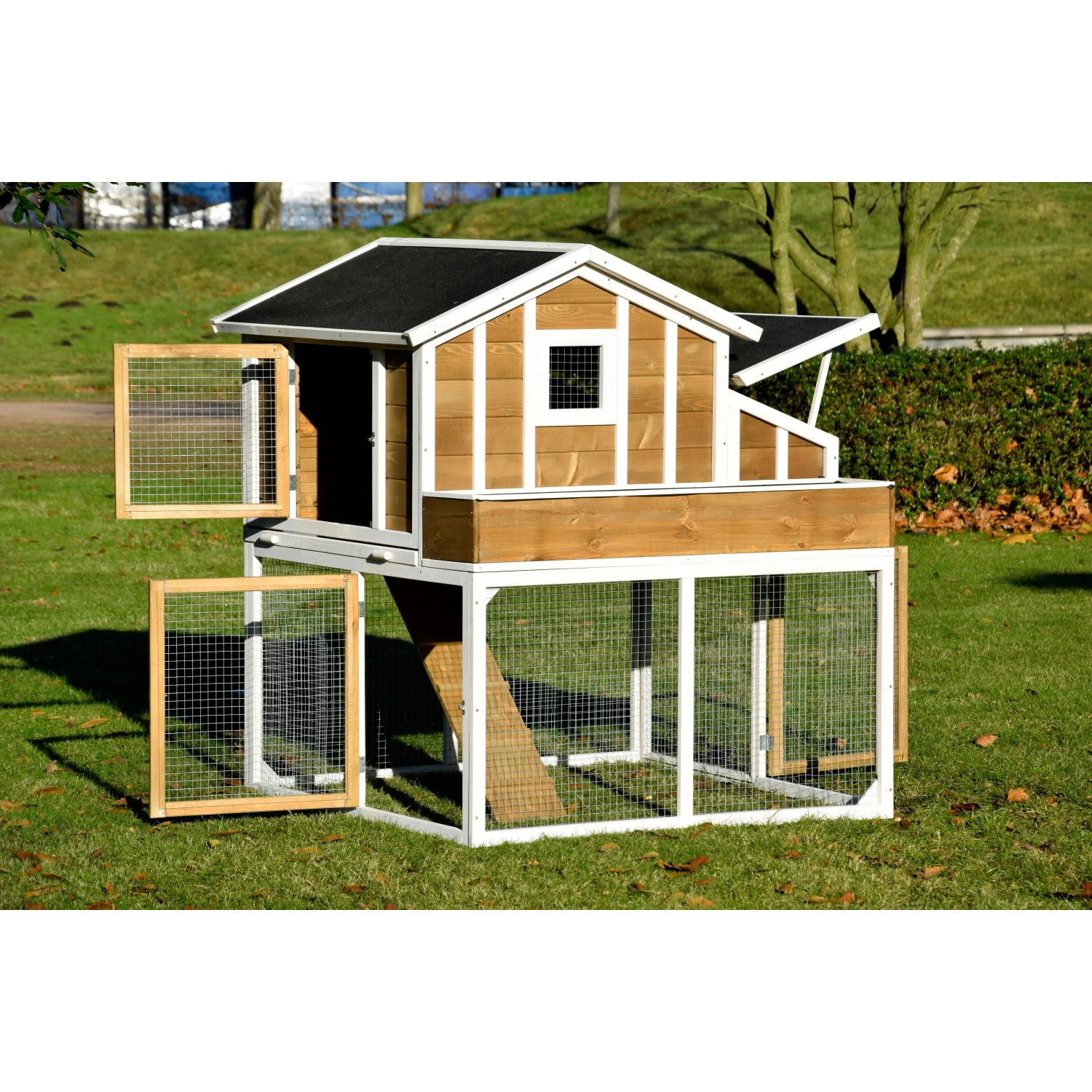 XL Hühnerstall mit Freigehege aus Holz, wetterfest und mit Blumenkasten. Ideal für Hühner oder Kleintiere.