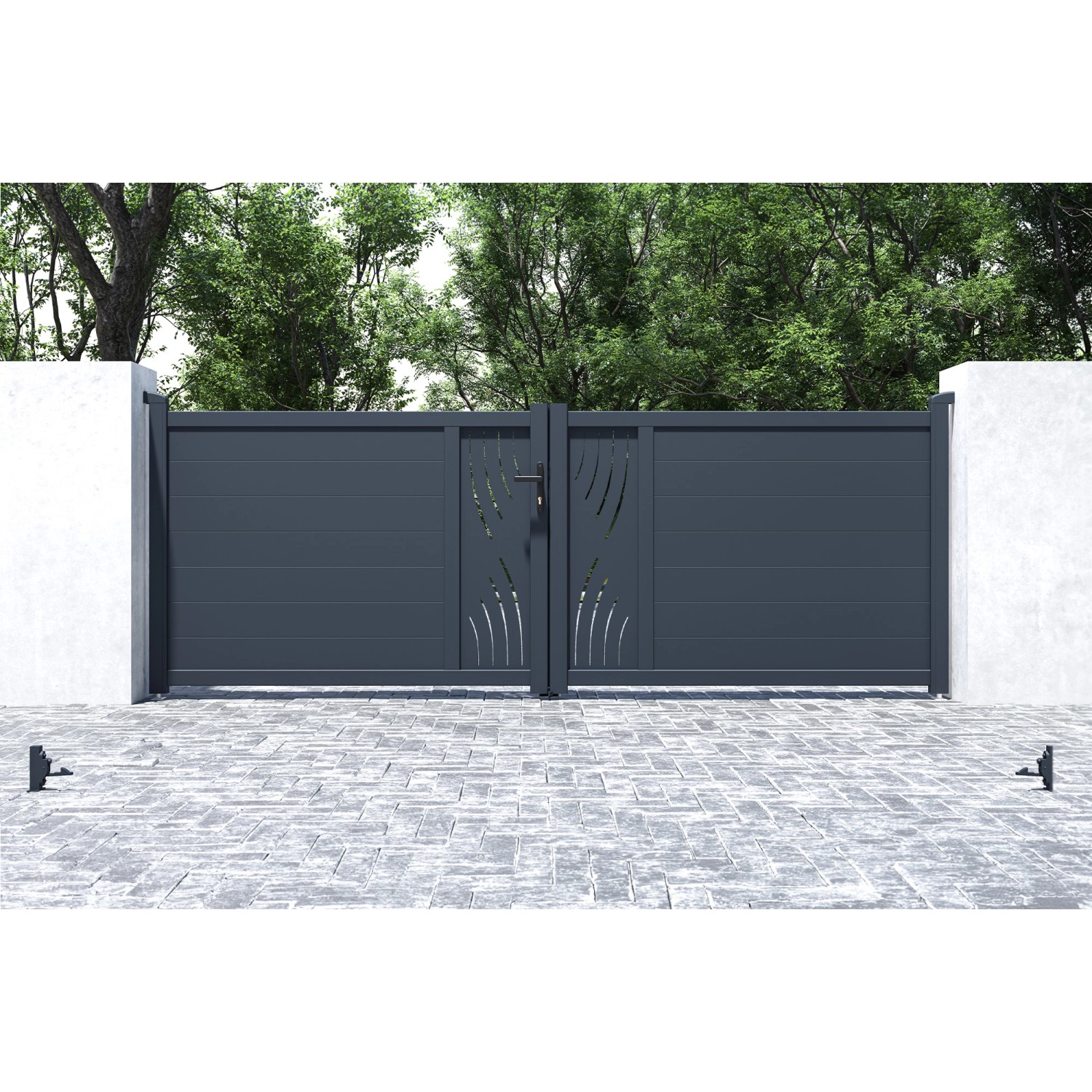 Graues Casanoov Flügeltor Veleta 3,5 m mit Motorisierung und dekorativen Ausschnitten.