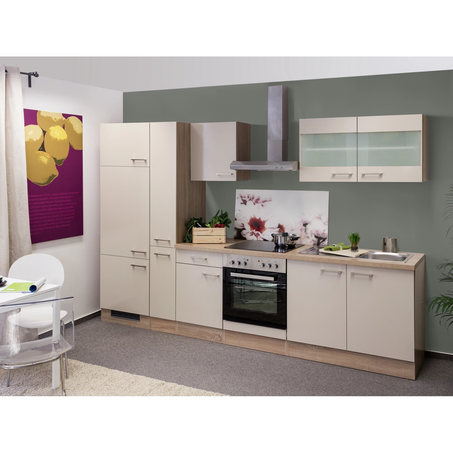 Flex-Well Exclusiv Küchenzeile/Küchenblock Orlando 300 cm Kaschmir Glanz-Sonoma Eiche