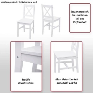 Weißer Esszimmerstuhl im Landhausstil aus Kiefernholz mit X-Rückenlehne. Stabil, 150 kg Belastbarkeit.