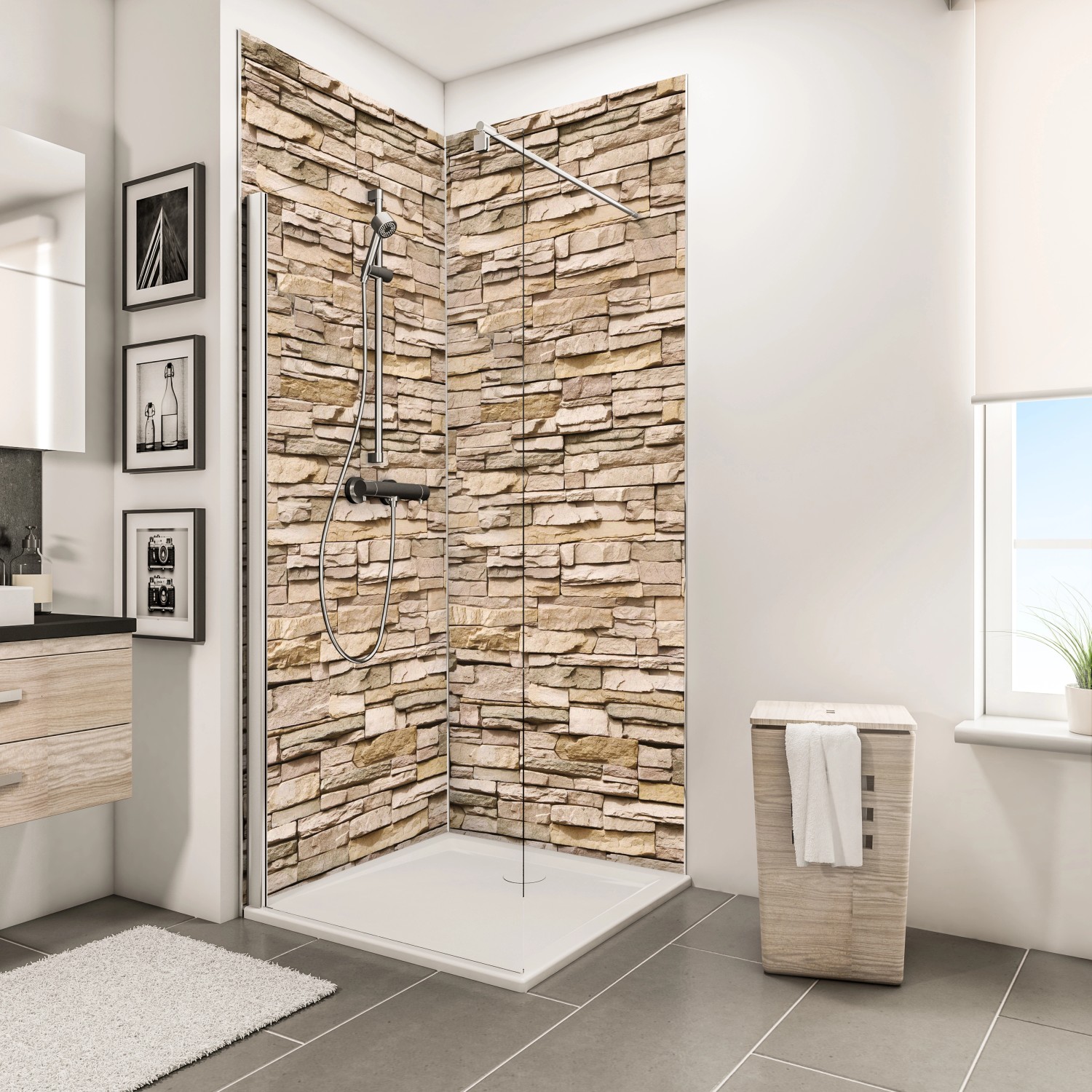 Schulte Duschrückwand DecoDesign Stein Verblender-Hell, 255x150cm, im Badezimmer mit Dusche.