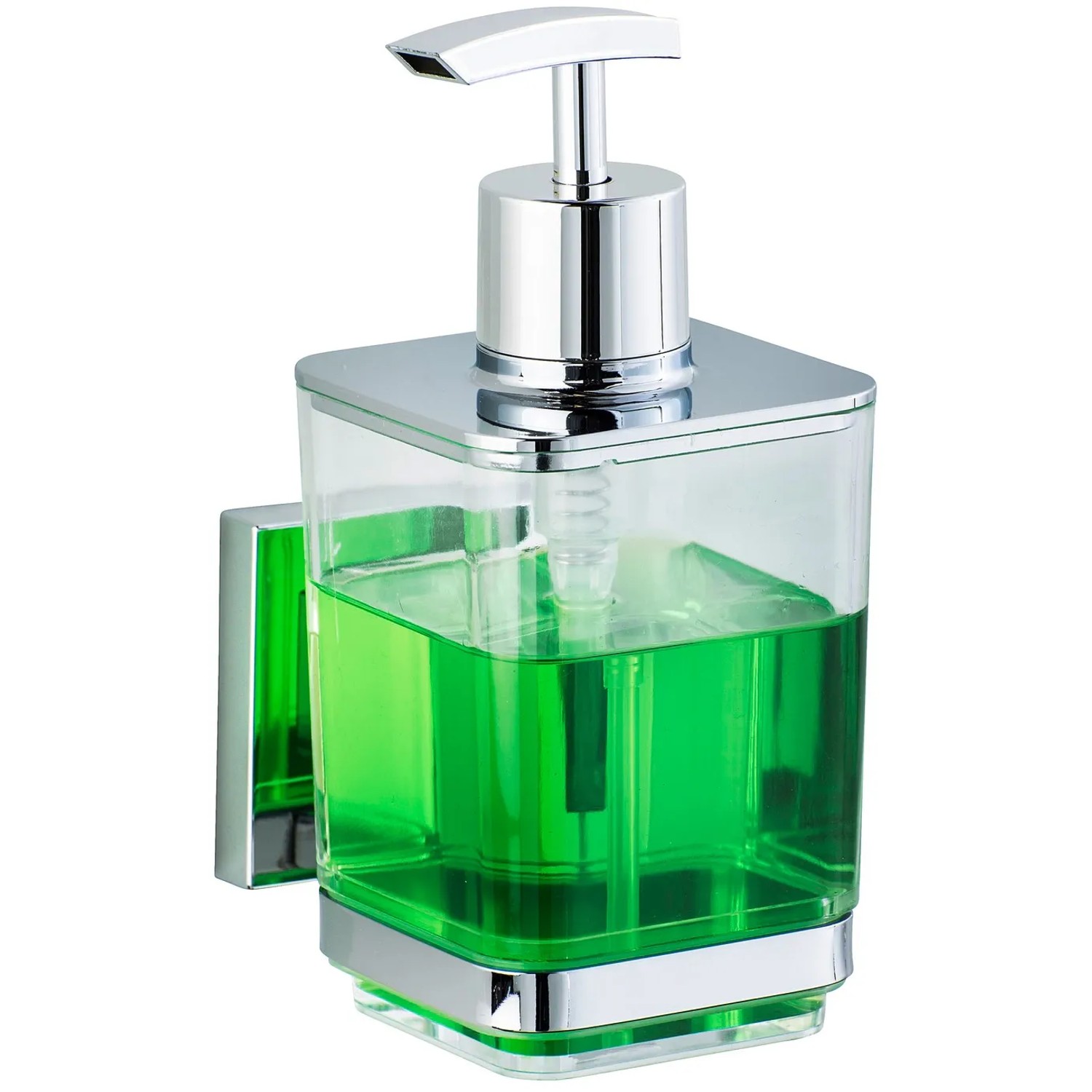 Wenko Vacuum-Loc® Seifenspender Quadro aus Edelstahl mit grüner Seife.