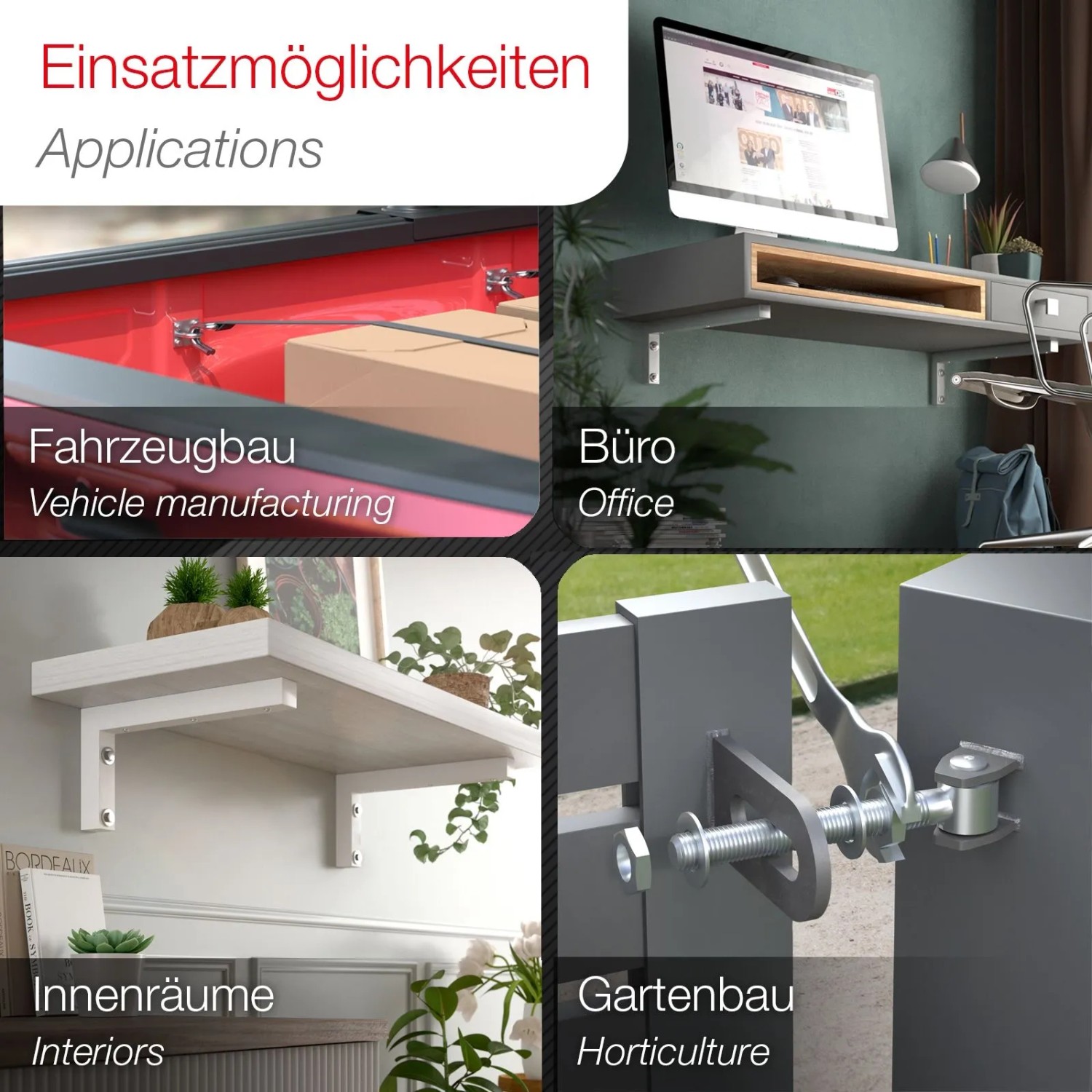 SOTECH M6 Edelstahl Unterlegscheiben: Anwendungen in Fahrzeugbau, Büro, Innenräumen und Gartenbau für sichere Verbindungen.