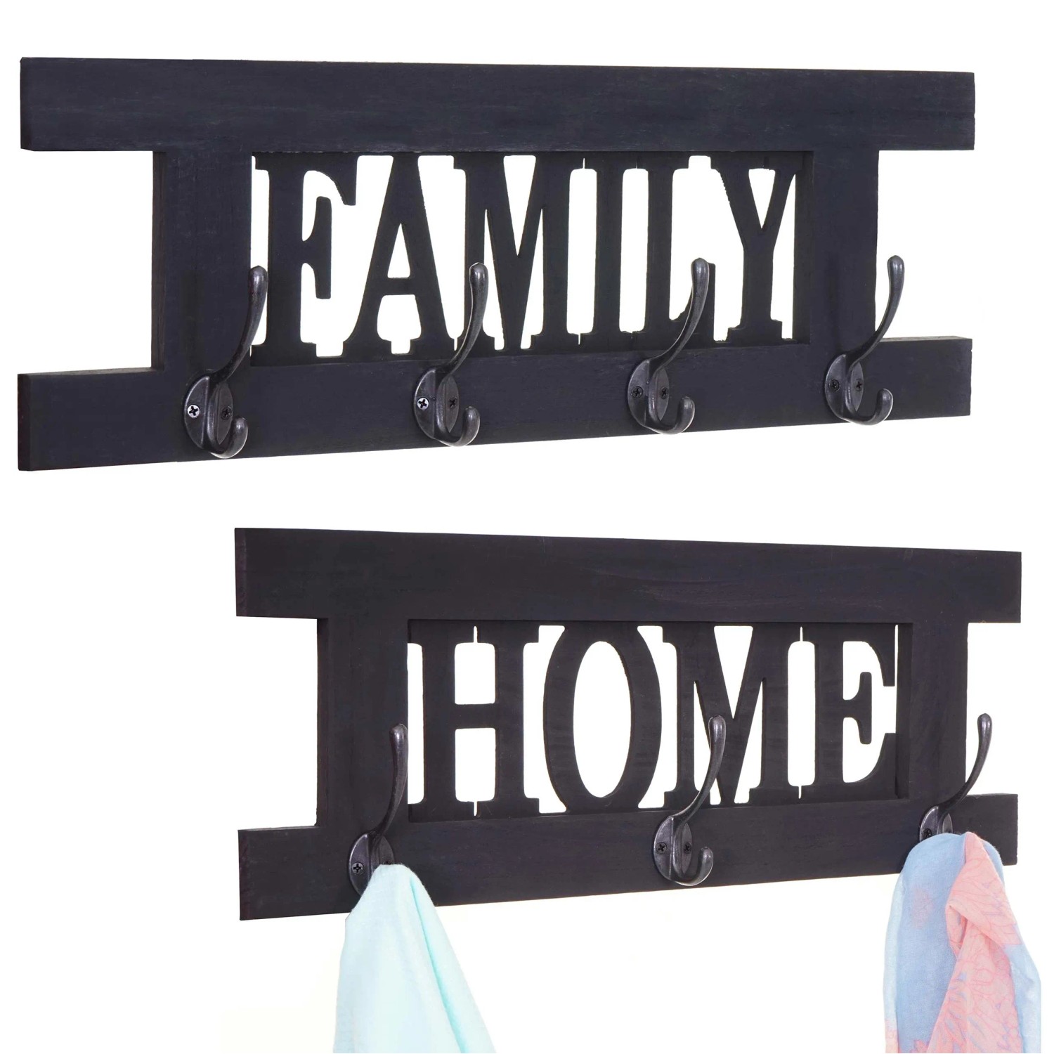 MCW Wandgarderobe C60 Shabby, 2-teilig, dunkelgrau mit Schriftzug "Home" und "Family" und Metallhaken.