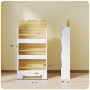 AIYAPLAY Kinder Bücherregal aus Holz, weiß/natur, mit 3 Ablagen und Bärenform. Maße: 110x55x15 cm.