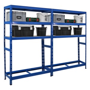 Blaues PROREGAL Reifenregal (2er-Set) mit 3 Böden, ideal zur Reifenlagerung und Werkzeugaufbewahrung.