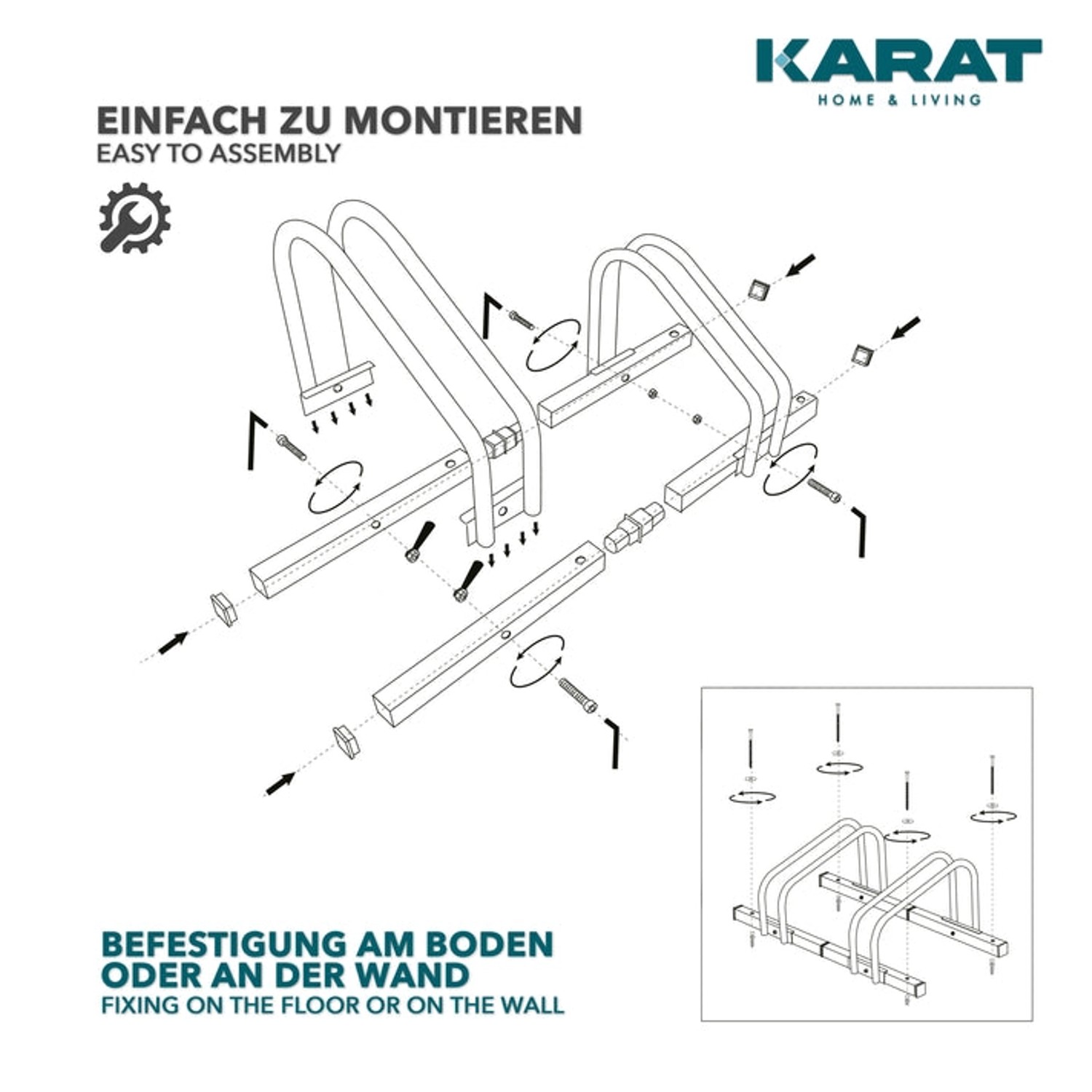 Montageanleitung für KARAT Fahrradständer Linus, geeignet für 2 Fahrräder, zur Boden- oder Wandmontage.