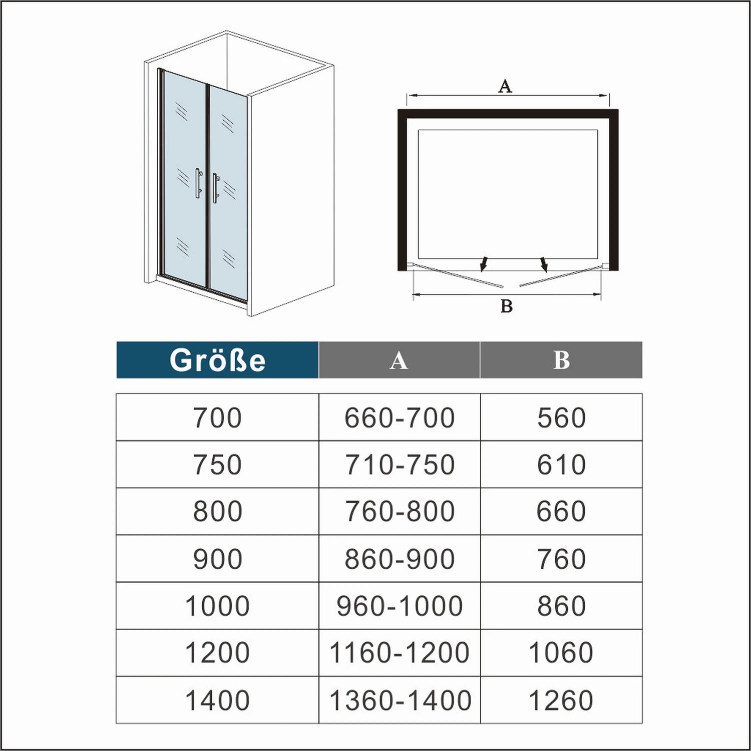 Skizze einer AICA Duschkabine 90x195cm mit Doppeltür, Maßangaben und Tabelle mit Größen.