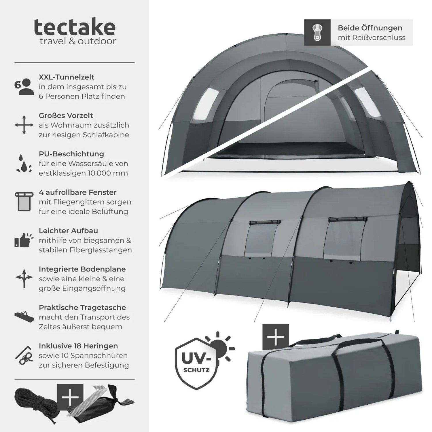 Tectake Tunnelzelt Roskilde Für 6 Personen Mit Vorzelt und Bodenplane Uv Schutz 50 480 x 350 x 195 cm Hellgrau Dunkelgrau_2