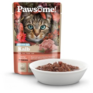 Pawsome Katzen-Nassfutter Senior Kalb, 85g Packung und Schale mit Futter.