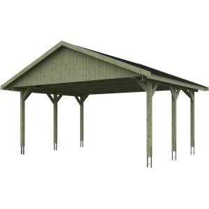 Satteldach-Carport Wallgau für zwei Stellplätze, Holz imprägniert, mit schwarzen Schindeln.