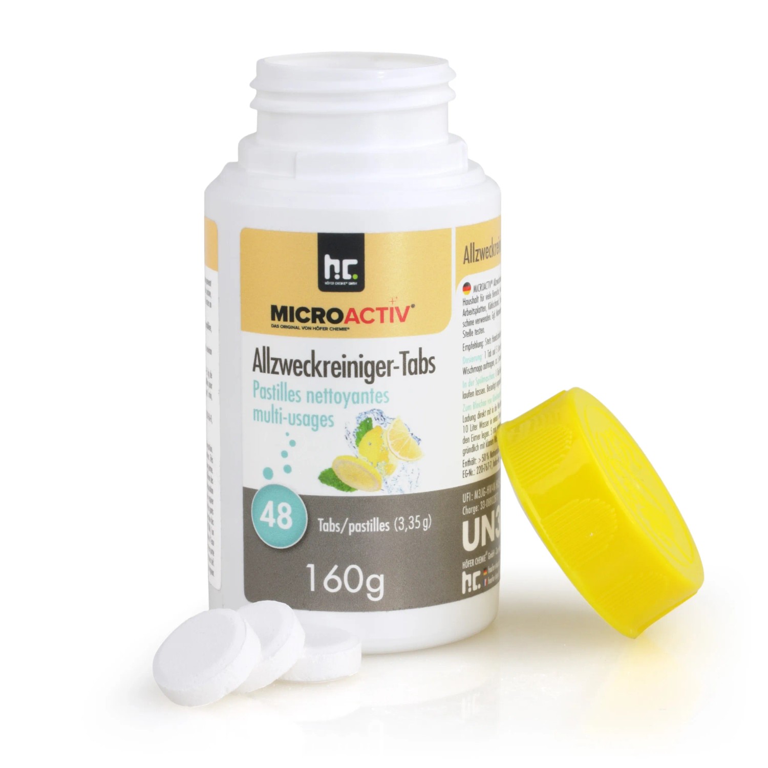 Microactiv Allzweckreiniger Tabs, 6x160g Dose mit gelbem Deckel und Reiniger Tabs.