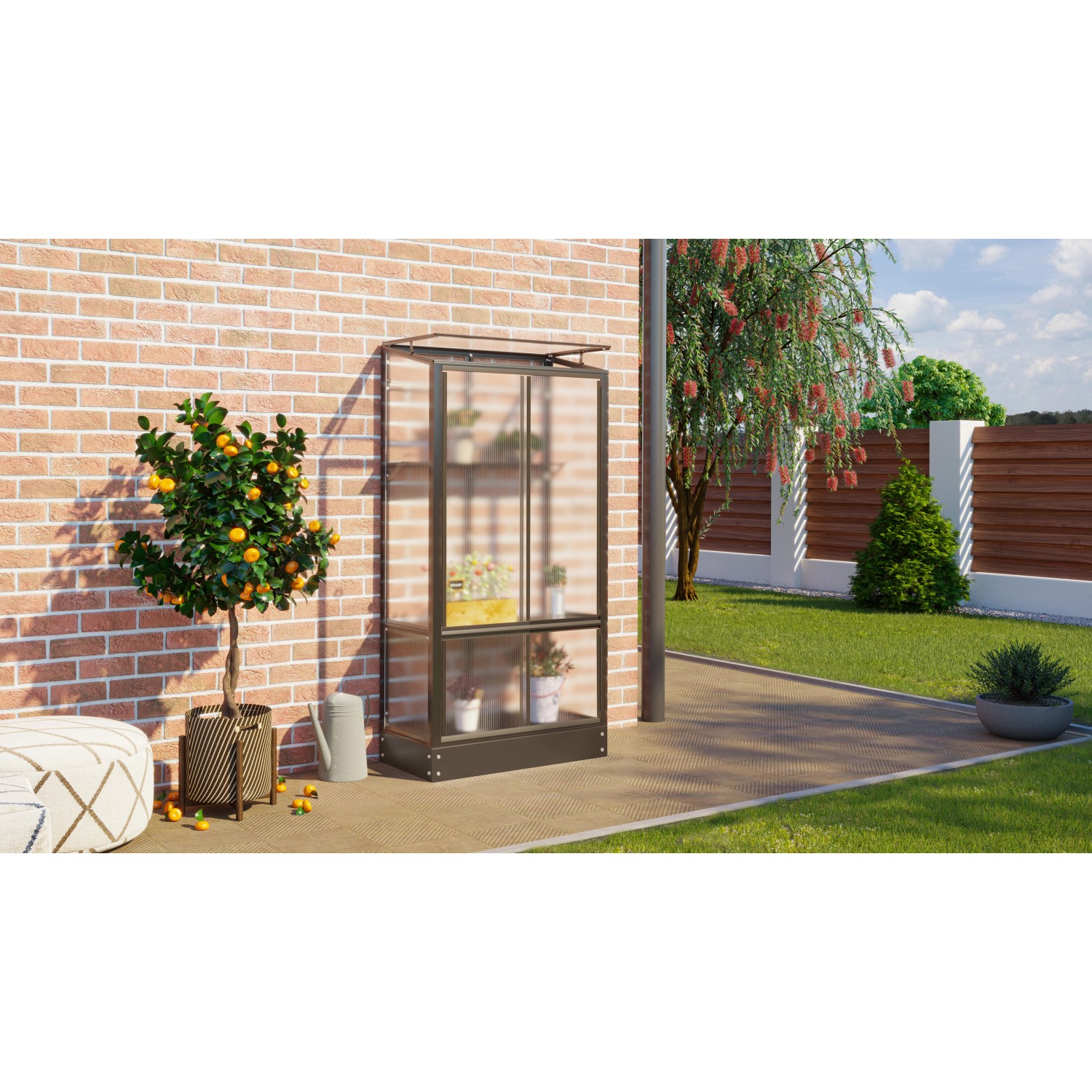 Vitavia Gewächshaus Polis, schwarzer Rahmen, 0,35 m² mit Fundamentrahmen. Pflanzenzucht im Garten.