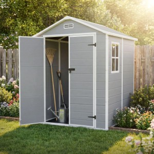 ECD Germany Gartenhaus 4,2 m³ 151x182x220 cm Hellgrau aus Kunststoff