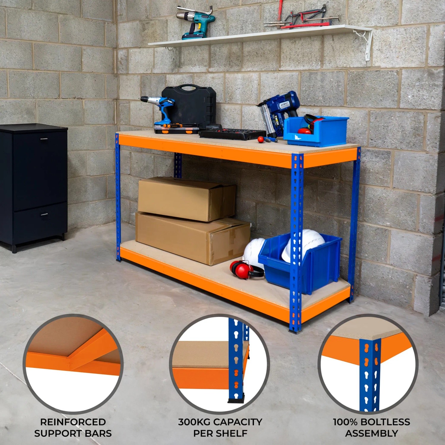 Monstershop S-Rax Werkbank, 2-stufig, 150x60x90cm, blau/orange. Robuste Werkbank für Werkstatt und Hobby.