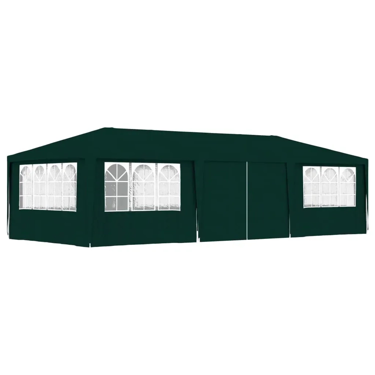 Grünes Partyzelt 4x9 m mit Seitenwänden und Fenstern. Ideal für Gartenpartys und Feste.