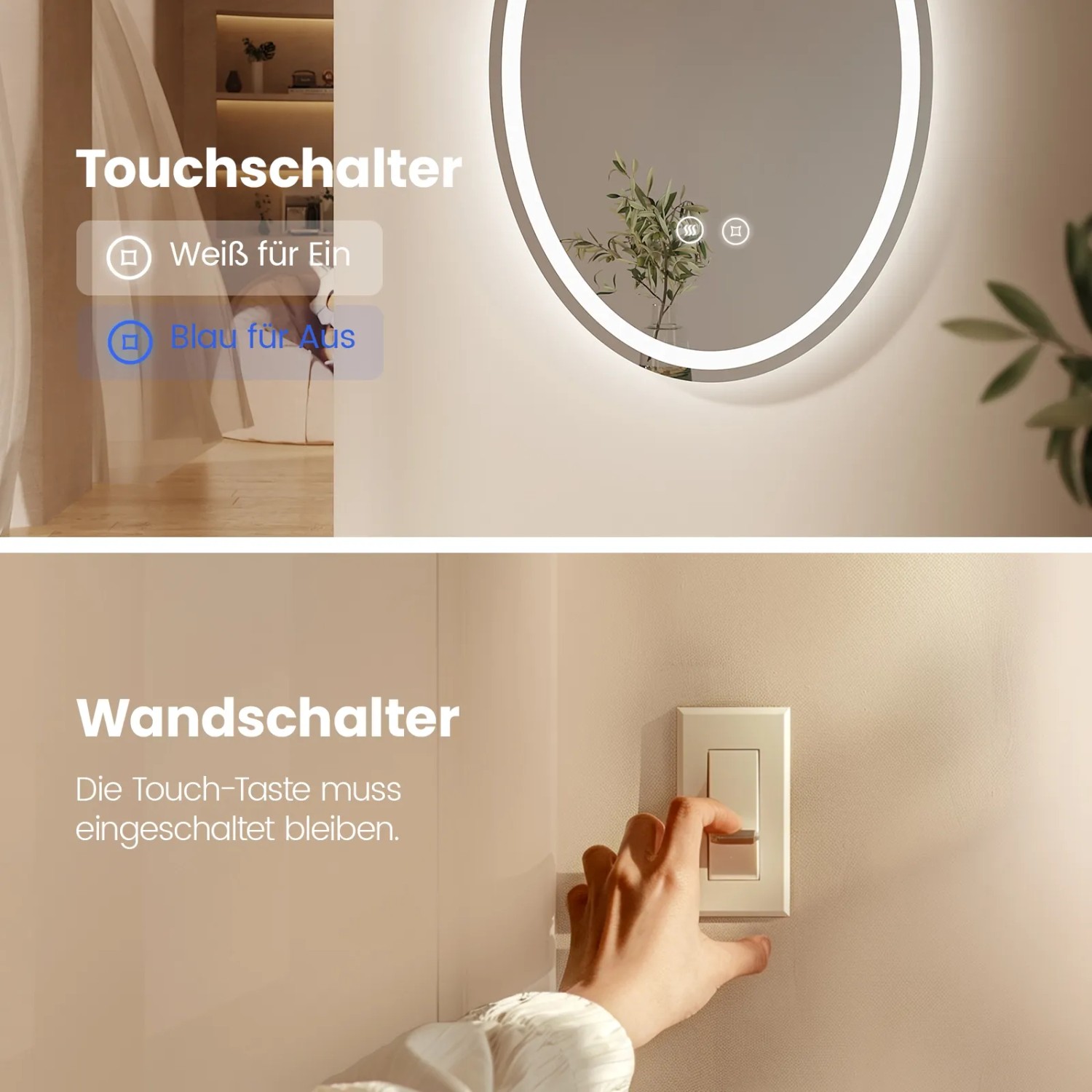 Emke Badspiegel mit LED-Beleuchtung und Touch- sowie Wandschalter im Detail.