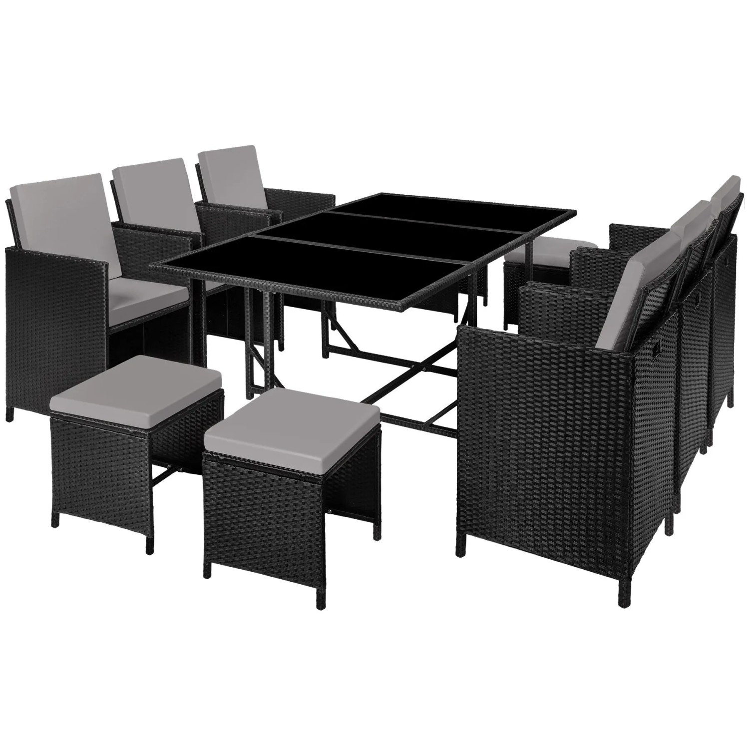 Tectake Rattan Sitzgruppe Malaga Für 6 Bis 10 Personen Widerstandsfähig  53 x 53 x 87 cm Schwarz Grau