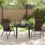 Braune 3-tlg. vidaXL Garten Essgruppe aus Poly Rattan mit höhenverstellbarem Tisch.
