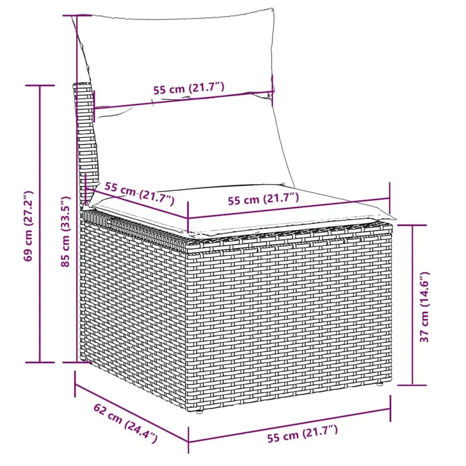 vidaXL Garten-Sofagarnitur, 11-teilig, schwarz, Poly Rattan, mit Maßangaben.