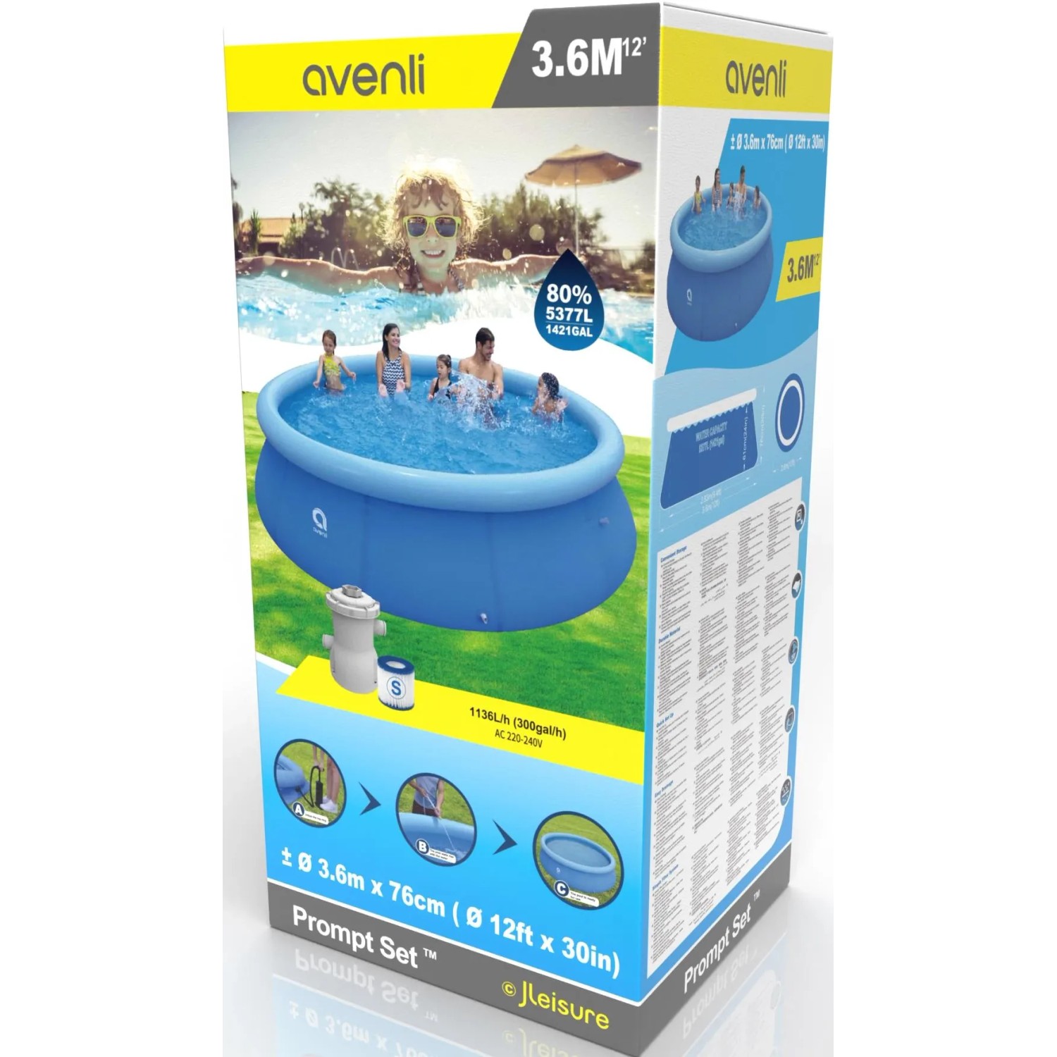 Verpackung Avenli Prompt Set Aufstellpool, rund, 360x76 cm, blau, mit Filterpumpe.