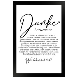 Gerahmtes Poster "Danke Schwester" (20x30 cm) mit liebevoller Botschaft, Geschenkidee für Schwestern.