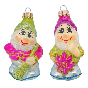 2-tlg. Set Krebs Glas Lauscha Weihnachtswichtel, handbemalte Christbaumkugeln (je 6cm)