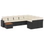 vidaXL 10-tlg. Garten-Sofagarnitur aus Rattan, schwarz, mit cremefarbenen Kissen und Holztisch.