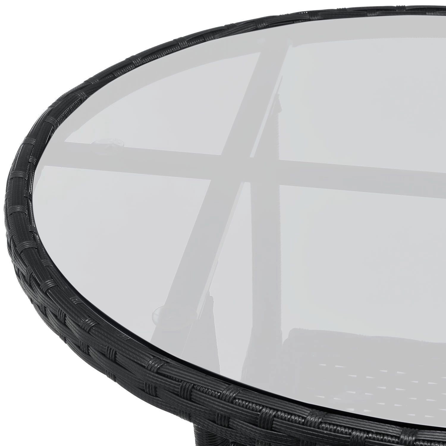 Detailansicht: Runder Tisch mit Glasplatte des schwarzen Polyrattan Gartenmöbel Sets Bayamo.