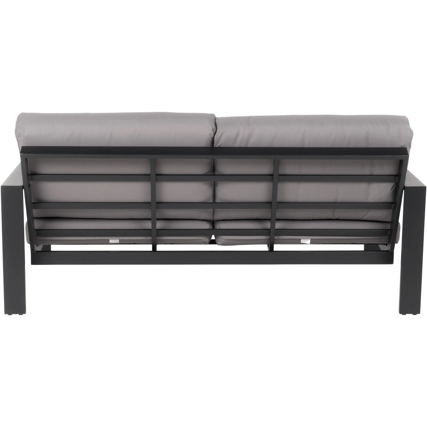 Rückansicht des Home Deluxe Lounge-Sets Rio L: Sofa mit schwarzem Aluminiumrahmen und hellgrauen Kissen.