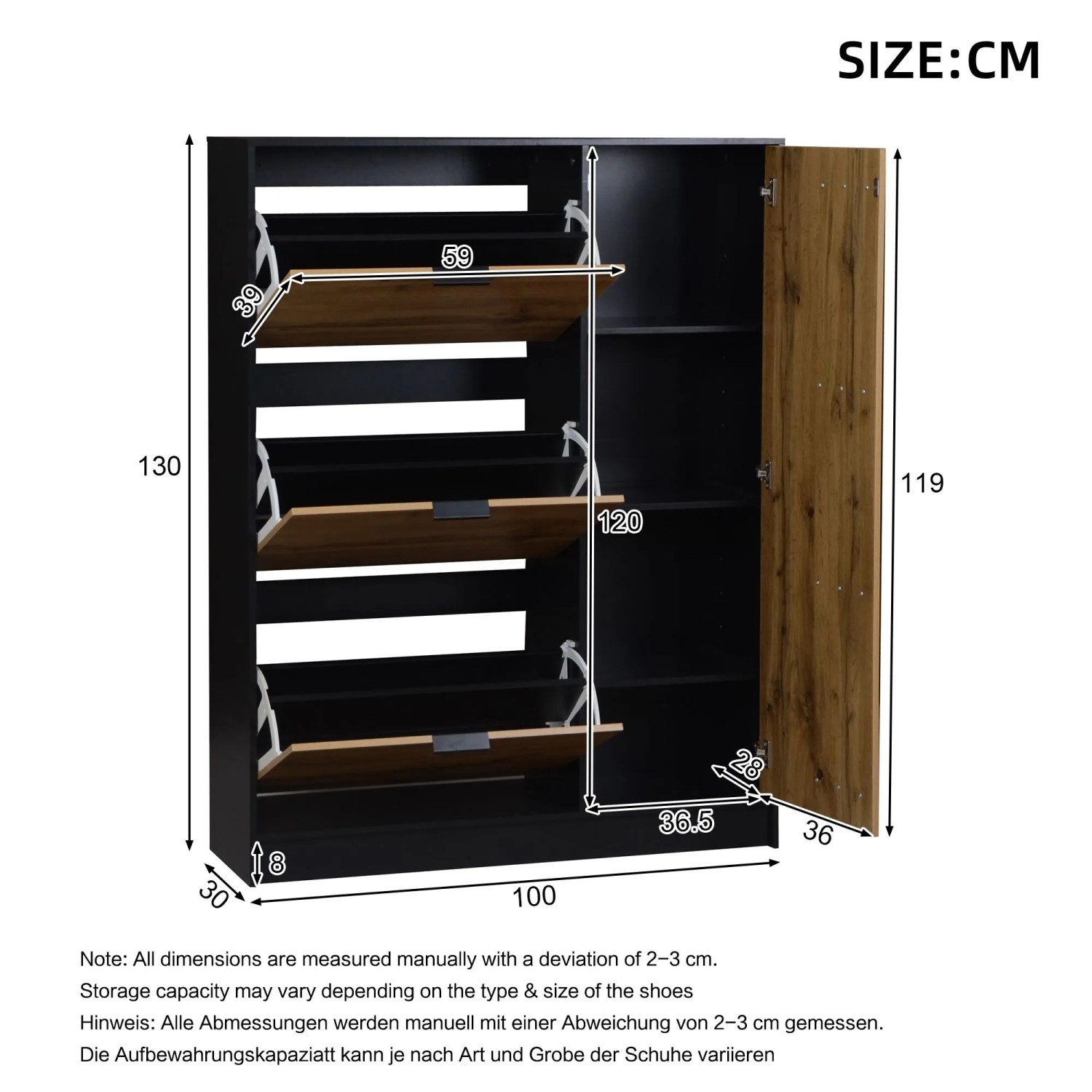 Merax Schuhschrank 100x130 cm, schwarz mit 3 Klappen und Türfach in Naturholzoptik. Ideal für Flur.
