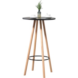 CLP Stehtisch Livia rund mit schwarzer Platte, hellen Holzbeinen und Fußstütze. Skandinavisches Design für Bar & Stehtische.