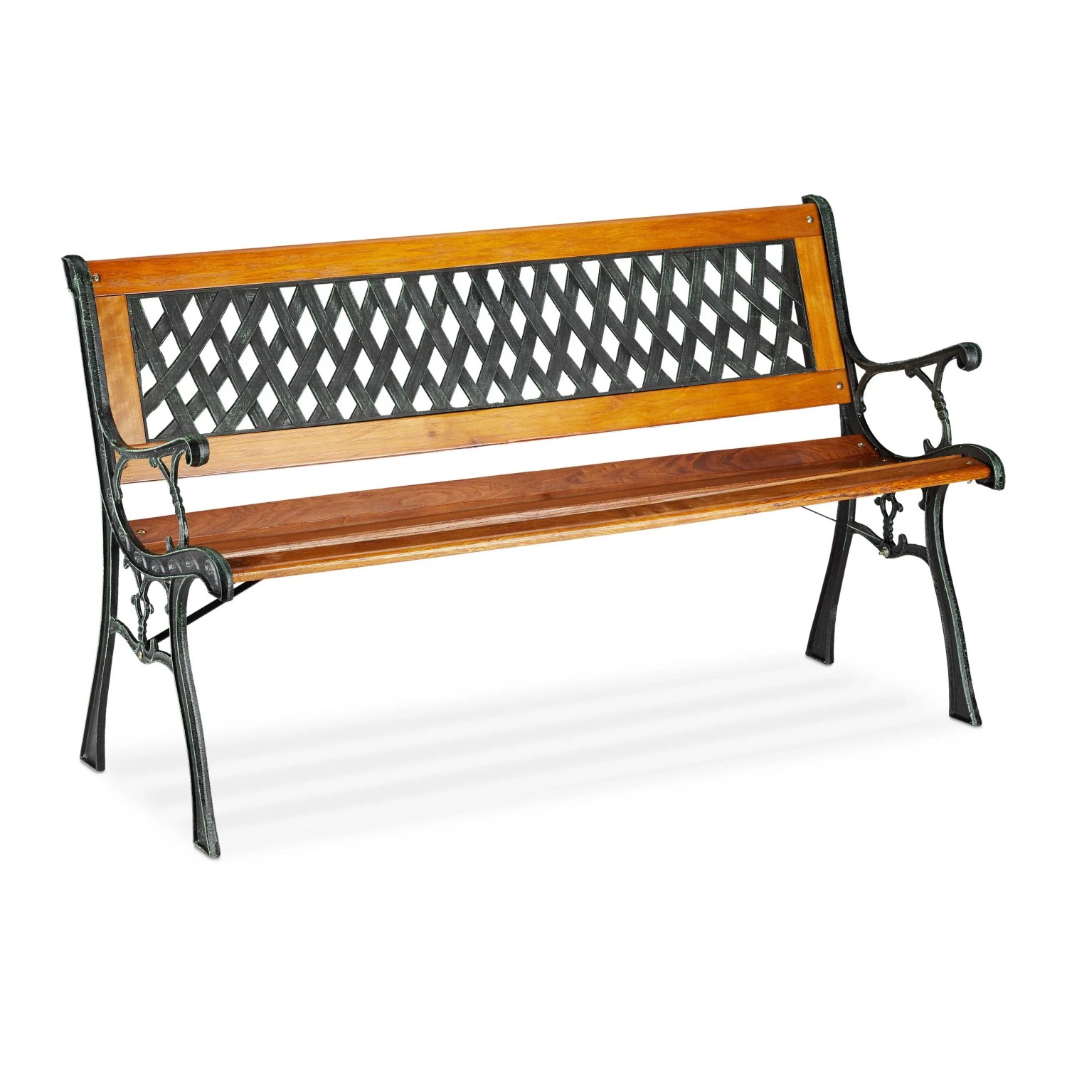 Relaxdays Gartenbank Flechtdesign Gusseisen Holz PVC Braun Zweisitzer 73 cm x 125 cm x 52 cm 14 kg