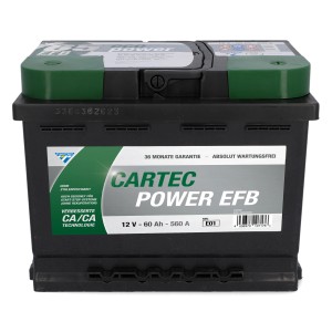 Cartec Power EFB Starterbatterie 70 AH/650 A für PKW im schwarzen Gehäuse.