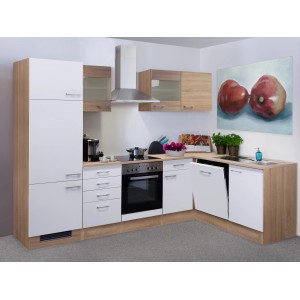 Flex-Well Winkelküche Florida in Sonoma Eiche-Weiß mit E-Geräten und Spüle.